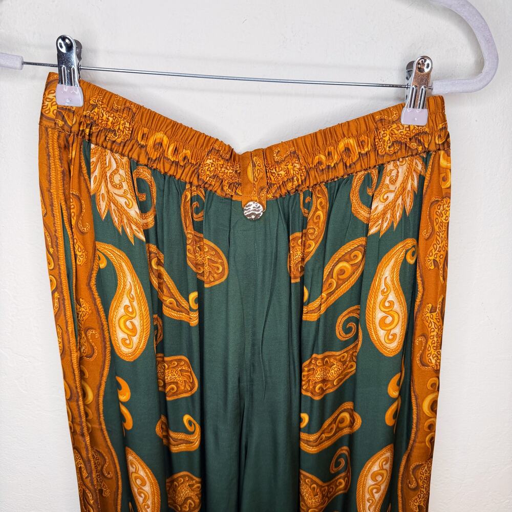NWT Anthropologie Farm Rio Printed Wide Leg Green Gold Cheetah Satin Pants Med - Picture 9 of 15